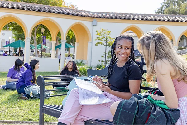 Students sitting on bench at chalon lawn