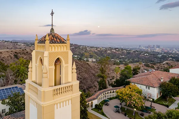 An aerial shot of the bell tower at MSMU's Chalon Campus