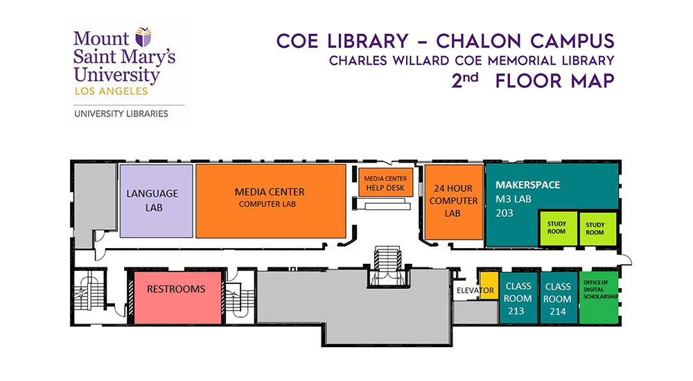 An image showing a floor map of the second floor of MSMU Coe Library.