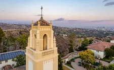 An aerial shot of the bell tower on MSMU's Chalon Campus