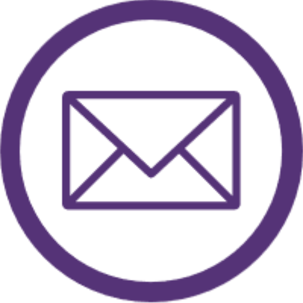 A purple icon showing a mail letter inside a circle.