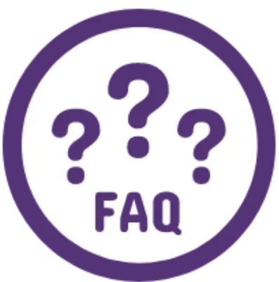 A purple icon of question marks and the word 
