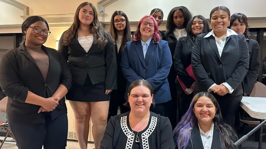 Members of the MSMU Moot Court team — Isabela Pineda ’26, Tajelle Denise Ruth Freeman ’26, Blaise Rodriguez ’27, Brooke Fadipe ’26, Nadia Hamarneh ’28, Ava Martin ’28, Leslie Martinez ’26, Hope Luna ’26, Yadira Piñon ’28, and Michelle Sierra ’29 — pictured with pre-law director and associate professor Melanie Sava (front row, center).