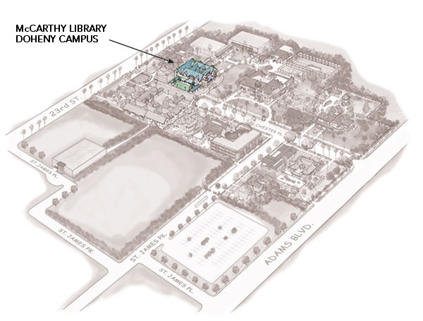 A stylized sepia drawing of the MSMU Doheny Campus with McCarthy Library in color.