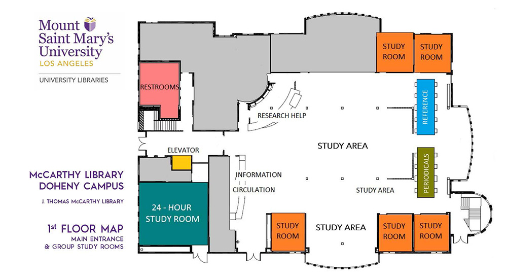 A PDF with the floor map of the first floor of McCarthy Library.