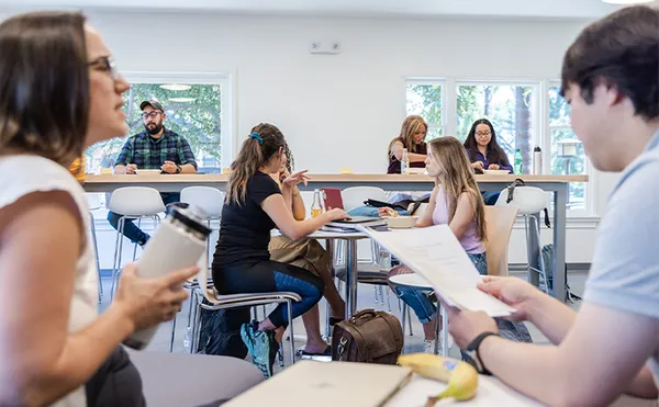 A large group of students talking about studies while eating lunch