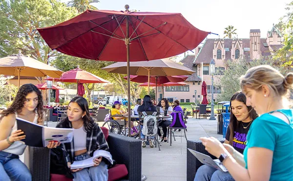 A large group of students studying outdoors under umbrellas