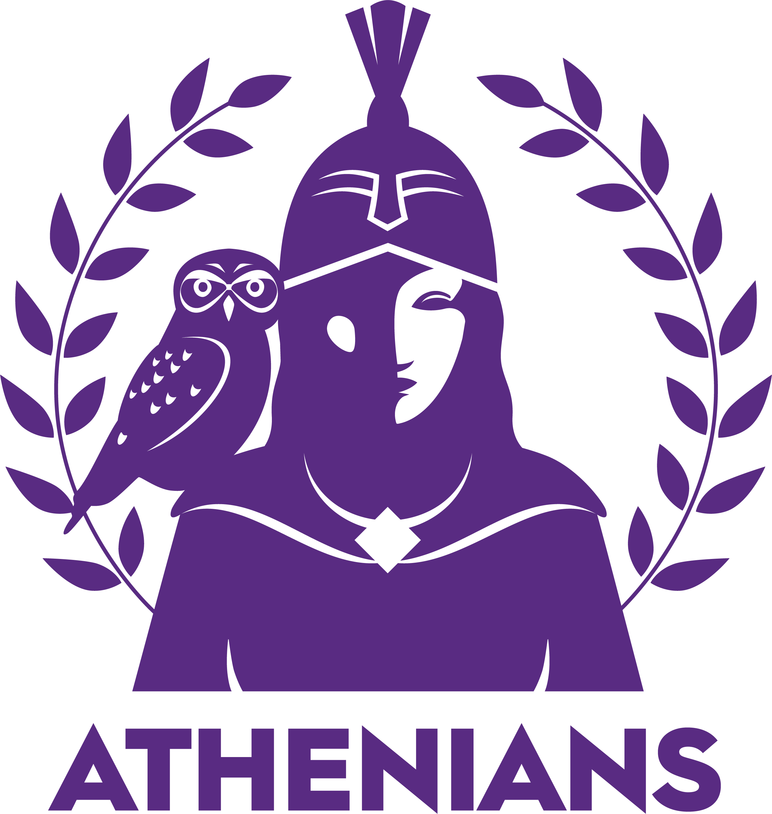 A purple logo showing the goddess Athena with an owl on her shoulder and surrounded by olive branches