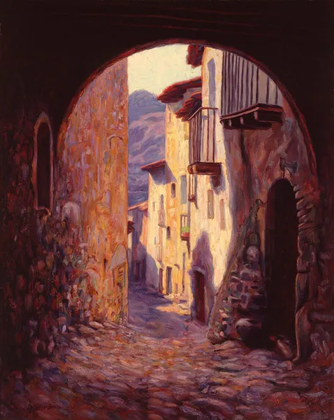 Painting of a town and tunnel