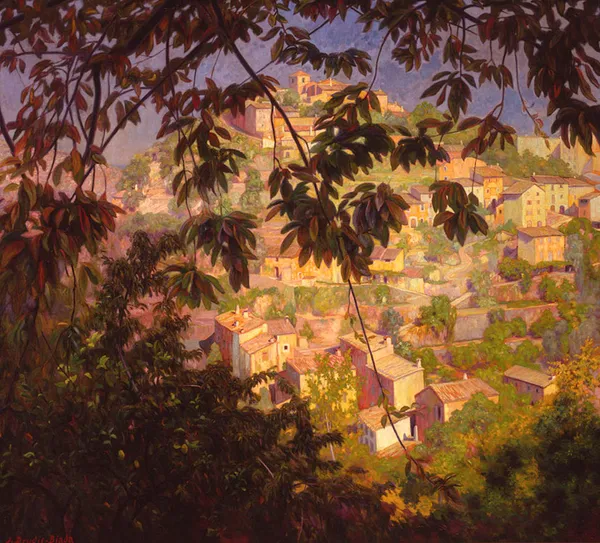 Painting of a tree with a small town in the background