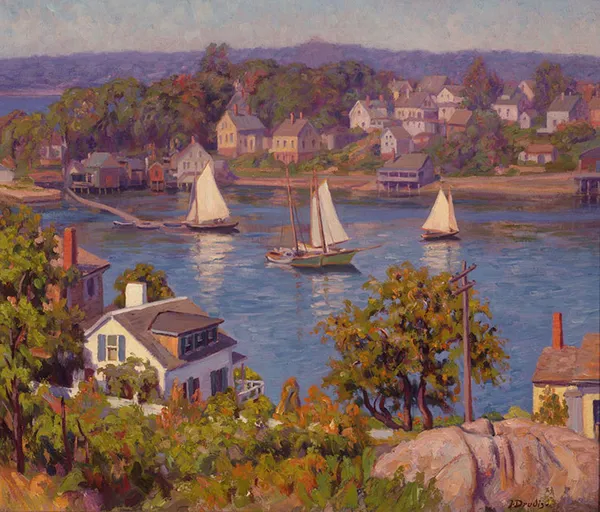 Painting of a lake with sailboats