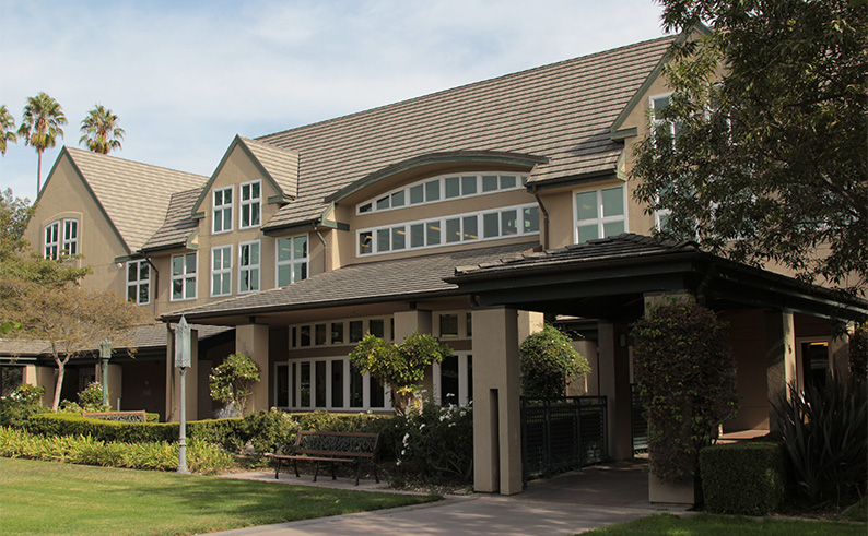 A large building and enterance with many windows and rows of hedges in front.