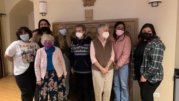 Some of the participants from the “Jeopardy” watch party: Aisha Barragan ’24; Sofi Jaquez ’24; Sister Callista Roy, CSJ, ’63; Elissa Doering ’23; Sister Mary Sevilla, CSJ, ’63; Sister Mary McKay, CSJ, ’67; Ashley Blancas ’23; and Brianna Montano ’22. While they all agreed that it was fun to watch “Jeopardy” together, what they really enjoyed the most was getting to know one another.